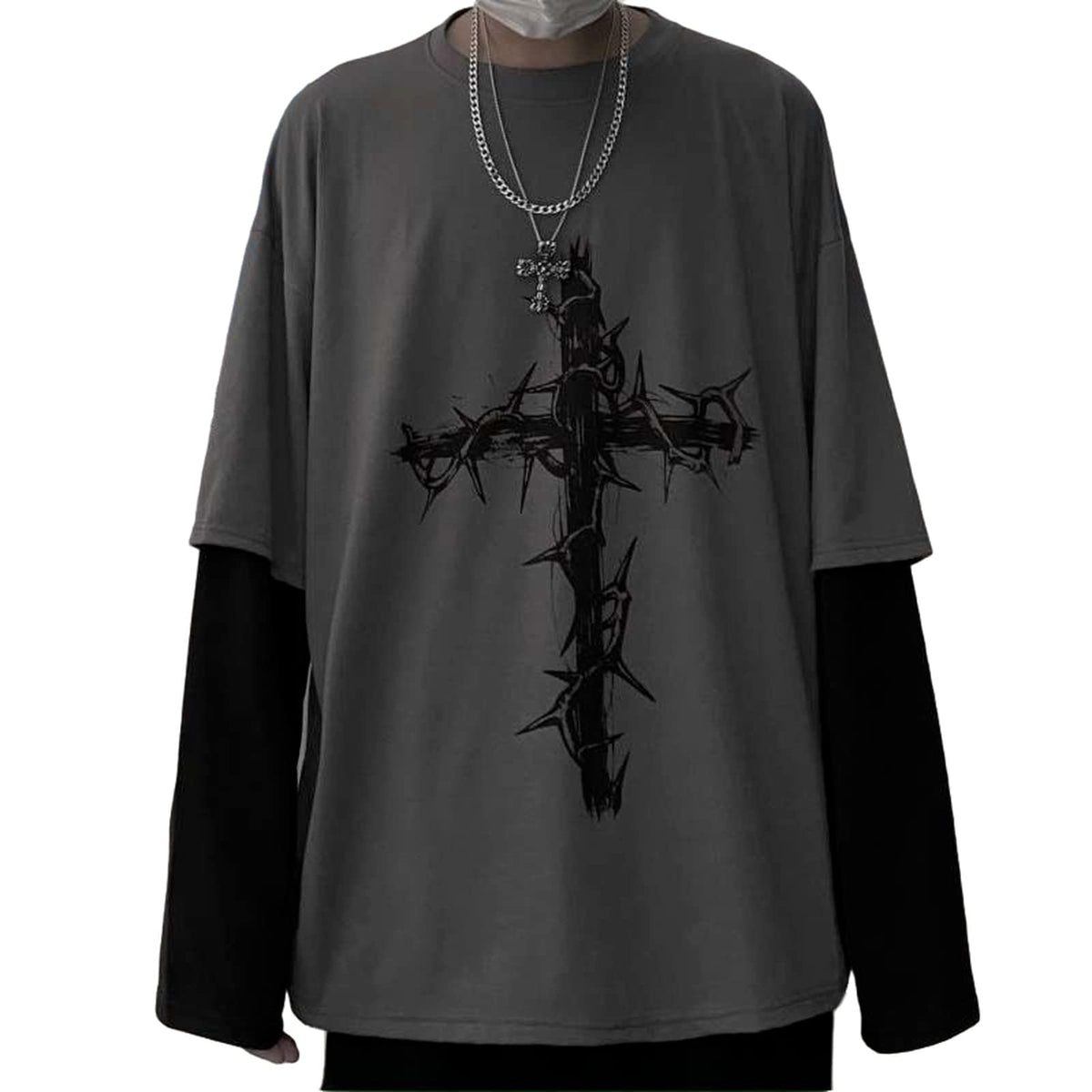 Herren Damen Gothic Langarm Oberteil Grafik-T-Shirt – Emo Y2K Grunge Streetwear Shirt Dornenkreuz-Druck Punk Sweatshirt, Grau, Mittel