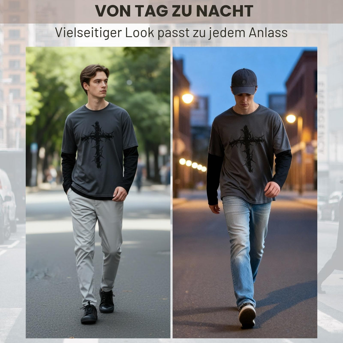 Herren Damen Gothic Langarm Oberteil Grafik-T-Shirt – Emo Y2K Grunge Streetwear Shirt Dornenkreuz-Druck Punk Sweatshirt, Grau, Mittel