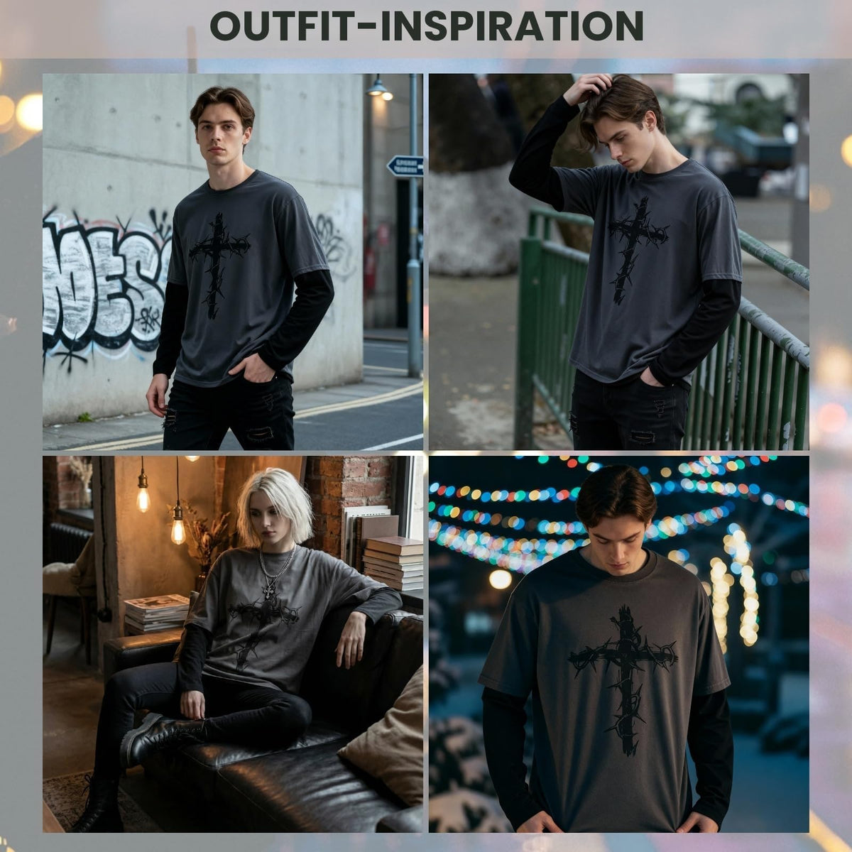 Herren Damen Gothic Langarm Oberteil Grafik-T-Shirt – Emo Y2K Grunge Streetwear Shirt Dornenkreuz-Druck Punk Sweatshirt, Grau, Mittel